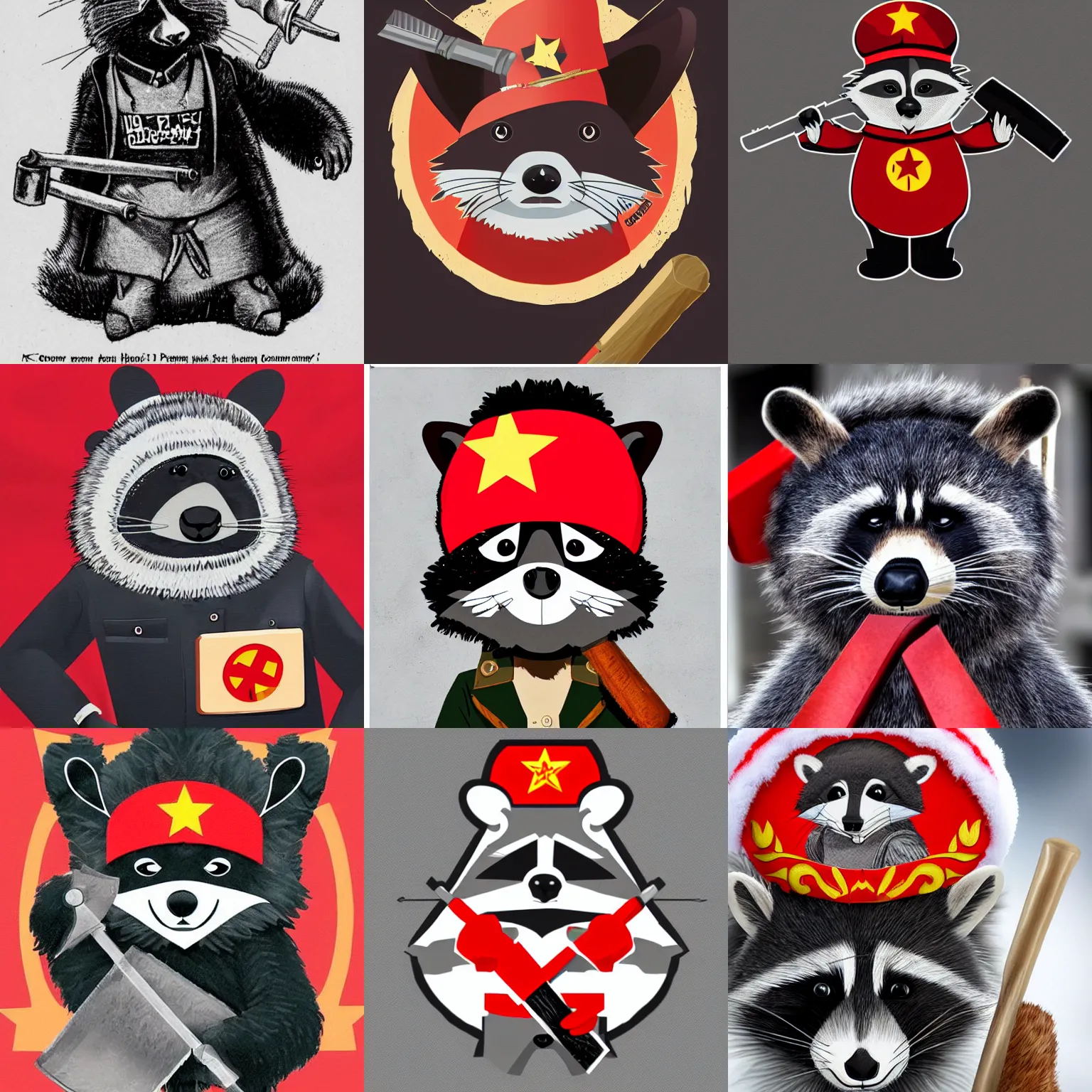 Prompt: a communist raccoon wearing a rabbit fur hat with a hammer and sickle pin