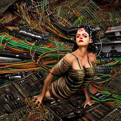 Image similar to piles of modular synth cables mixed with mangrove roots mixed with old video game consoles, puerto rican grafitti goddess chilling out wearing a headpiece made of circuit boards, by cameron gray, wlop, stanley kubrick, masamune, unique perspective, epic, trending on artstation, photorealistic, 3 d render, vivid