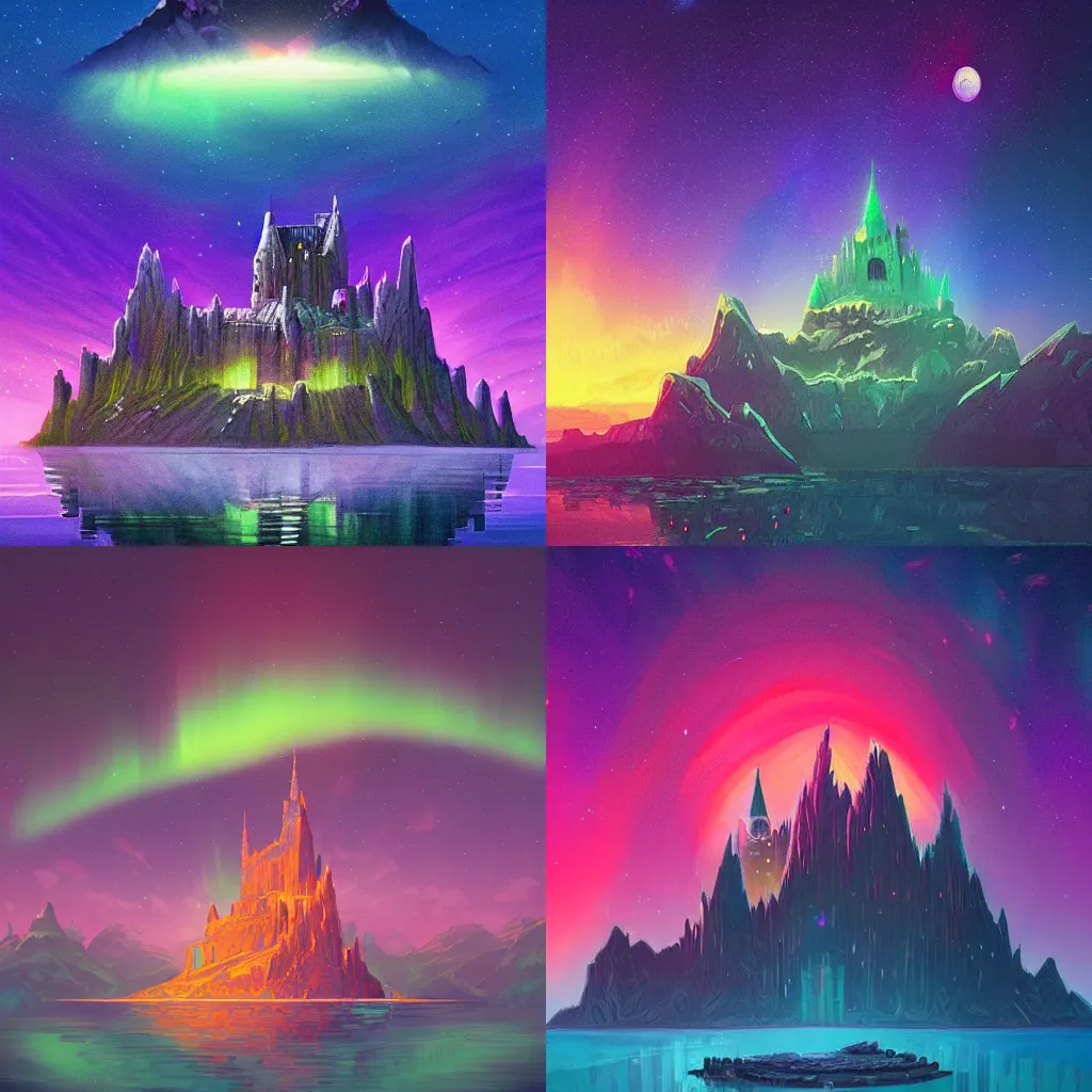 Prompt: a castle like asgard floating in the universe with aurora borealis above it, digital art, trending on artstation, by alena aenami