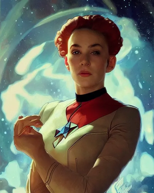 Image similar to a bald serbian!!! young woman as a star trek captain, a still from star trek painted by artgerm and greg rutkowski and alphonse mucha. clear highly detailed face, beautiful sci fi art