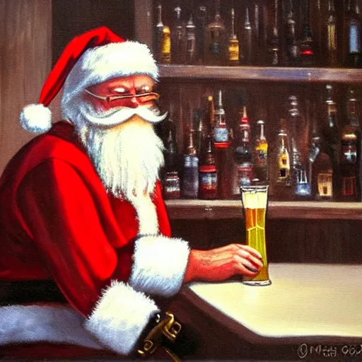 Image similar to santa claus depressed having a drink at a bar, painting, somber, moody lighting