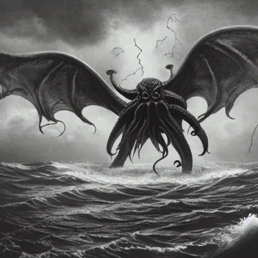 Image similar to cthulhu rising above the ocean and spreading its demonic wings, ominous, dark clouds, storm, lightning seen on the background, lovecraft