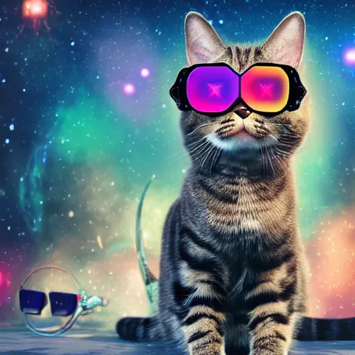 Prompt: hyperrealistic painting of a cat with galaxy glasses, surrounded by realistic guns and pistols, abstract background, mystical light 8 k octane render, unreal engine, highly detailed