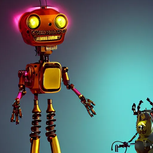 Image similar to horror animatronic in form of golden Bonny character design, robotic Springtrap character by Simon Stalenhag, trending on Artstation, 8K, ultra wide angle, zenith view, pincushion lens effect