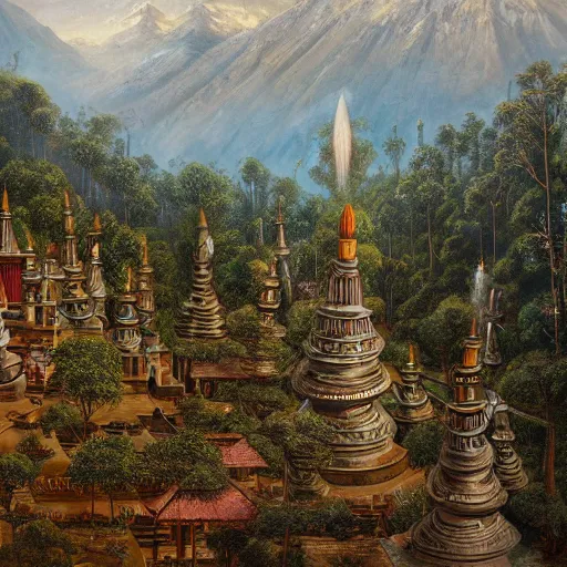 Image similar to a beautiful and highly detailed oil painting of an nepali temple in the kathmandu valley, detailed high buildings and rockets, forgotten valley, swirling mist, lush forests, intricate details, epic scale, insanely complex, 8 k, sharp focus, hyper realism, fantasy landscape, psychedelic, by caspar friedrich,