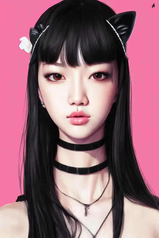 Image similar to realistic detailed semirealism beautiful gorgeous cute Blackpink Lalisa Manoban wearing white tight t-shirt, black hair black cat ears, black leather choker, proportional body, WLOP, Aztodio, Taejune Kim, sakimichan, ArtGerm, Pixiv, Instagram, Artstation