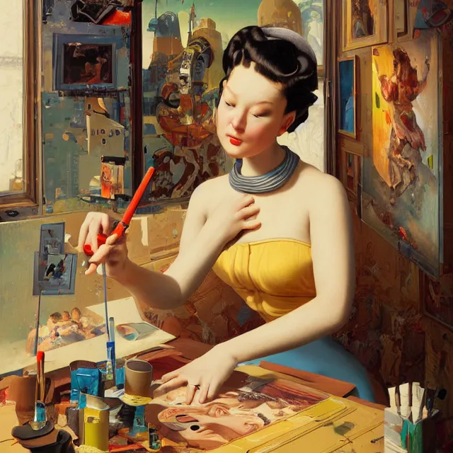Image similar to robot artist painting a self - portrait on a canvas. intricate, highly detailed, digital matte painting in the style of sachin teng, and in the style of hans thoma, and in the style of gil elvgren. irony, recursion, inspiration.