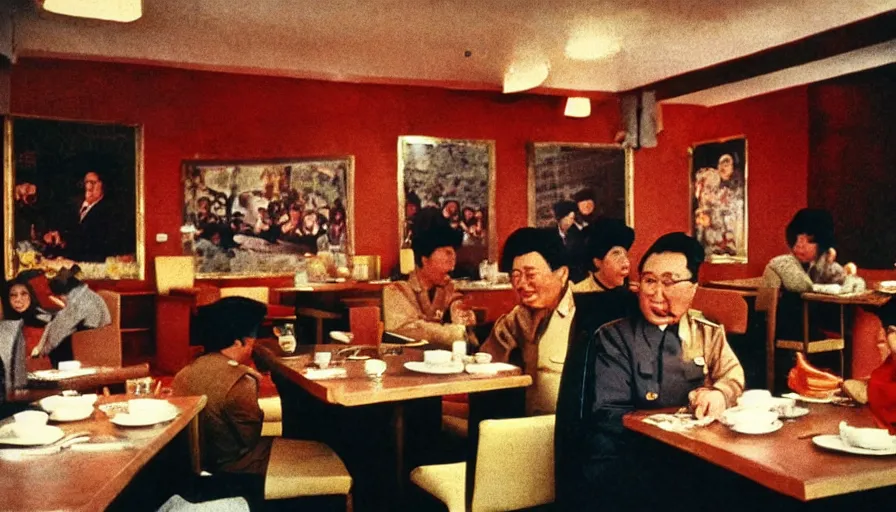 Image similar to 70s movie still of north-korean restaurant palace with kim il-sung portrait, eastmancolor, heavy grain, high quality, higly detailed