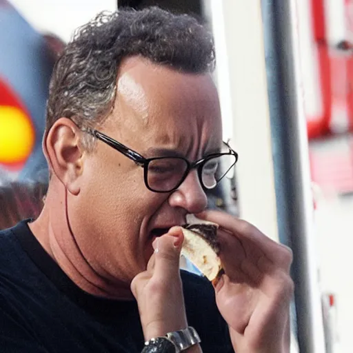 Prompt: Tom Hanks, looking sad, eating at a Taco Bell