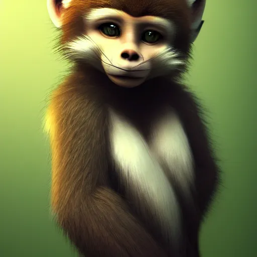 Image similar to fox as a monkey, fluffy white - fur, black - ears, stunning green - eyes, extremely long white - tail with black - tip, award winning creature portrait photography, extremely detailed, artstation, 8 k, sensual lighting, incredible art, wlop, artgerm