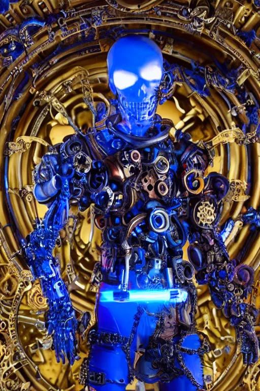 Image similar to full-body cyberpunk style sculpture of a young handsome Spanish prince half android with a chest opening exposing circuitry and a sparking motherboard, glowing blue lasert eyes, crown of mechanical gears and roses, flowing orange-colored silk, fabric, steampunk archways. baroque elements, human skull. full-length view. baroque element. intricate artwork by caravaggio. many many birds birds on background. Trending on artstation, octane render, cinematic lighting from the right, hyper realism, octane render, 8k, depth of field, 3D