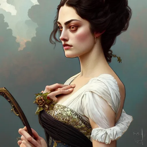 Image similar to Phoebe Tonkin dressed in Victorian fashion, D&D, fantasy, intricate, elegant, highly detailed, digital painting, artstation, concept art, matte, sharp focus, illustration, art by Artgerm and Greg Rutkowski and Alphonse Mucha