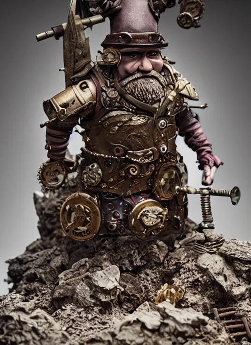 Prompt: 8 5 mm f 1. 8 photograph of a claymation steampunk warrior dwarf, highly detailed diorama, by erwin olaf, smooth, sharp foccus, commercial photography, fashion shoot