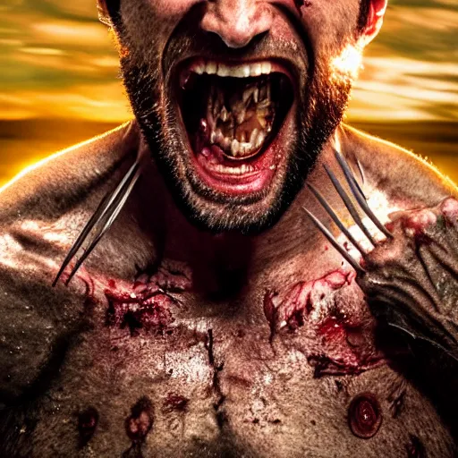 Image similar to the wolverine screaming, zombie, full body shot, butcher by yousuf karsh, golden hour, realistic, body shot, sharp focus, 8 k high definition, insanely detailed, intricate, elegant