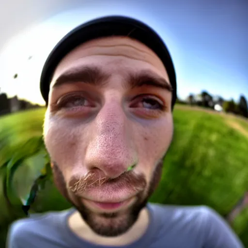 Image similar to widest fish eye lens extremely close to man's face