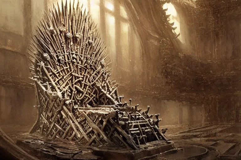 Prompt: iron throne, interior, chain, intricate, elegant, highly detailed, john park, frazetta, sparth, ruan jia, jeffrey catherine jones