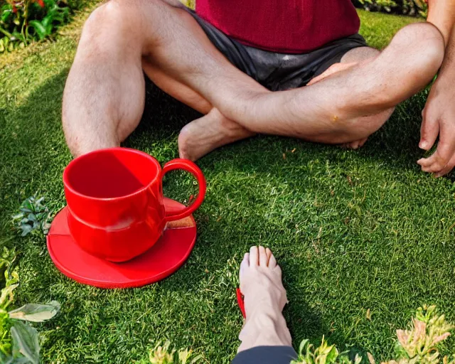 Prompt: mr robert is drinking fresh tea, smoke pot and meditate in a garden from spiral mug, detailed glad face, muscular legs, happy toes, golden hour closeup photo, red elegant shirt, eyes wide open, ymmm and that smell