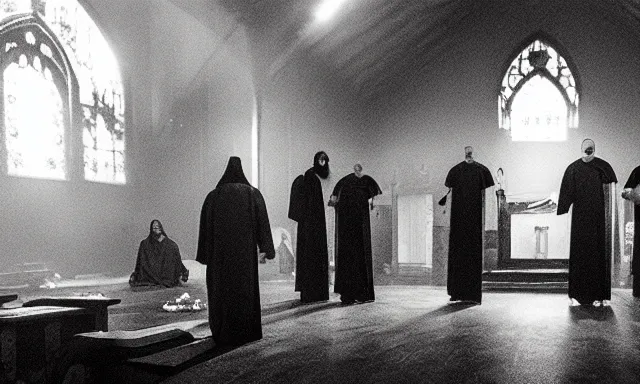 Image similar to a cultist ceremony, cultists with robes and masks, church interior, satanic church interior, the fog. horror lighting, found footage