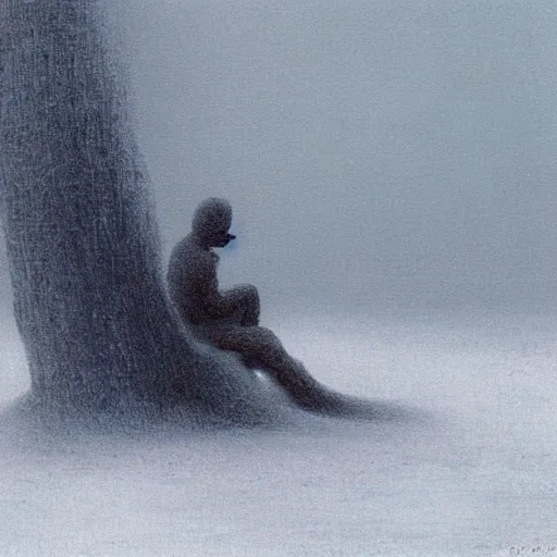 Prompt: surrealist painting, closeup of a lonely man curled up and enveloped by smoke, on a snowy post apocalyptic field, painting by beksinski