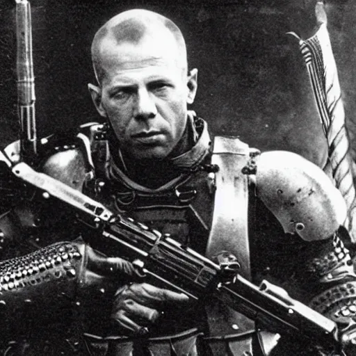 Image similar to old black and white photo, 1 9 1 3, depicting bruce willis in combat armor with guns, historical record, tentacles around