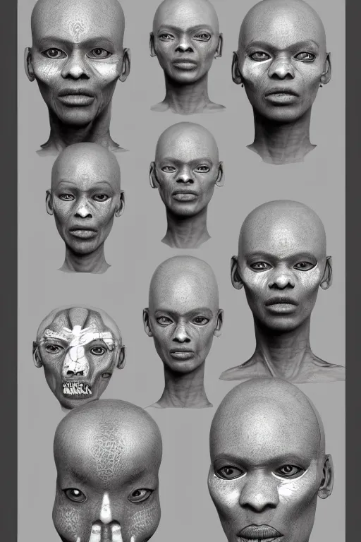 Image similar to african facial anatomy with gunmetal grey skin, medical anatomy, very symmetrical face, highly detailed, three - perspective / three - view reference sheet ( front / back / side ), in the style of dan ouellette, steven jung, amanda lilleston, hr giger, sil from species, dren from splice, mecha, artstation, unreal engine