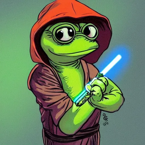 Prompt: pepe the frog from star wars holding a light saber