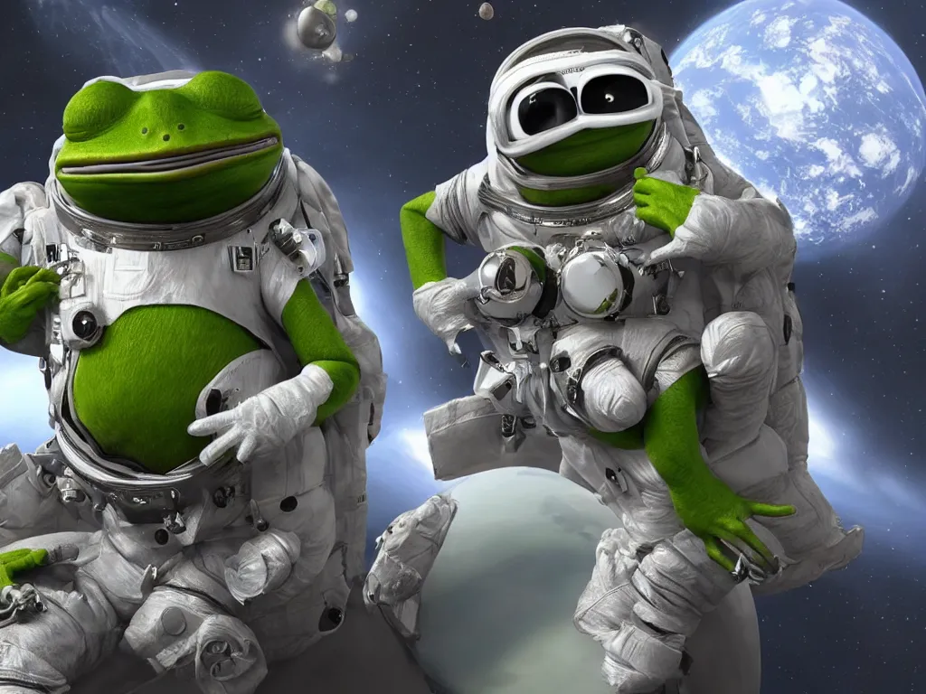 Prompt: hyper realistic, unreal engine 5, 8k, detailed, pepe the frog wearing spacesuit floating in space, photorealism