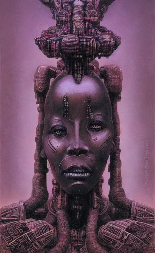 Image similar to portrait of mecha african tribal chief, insibidi symbols, symmetrical, dramatic lighting, art by zdzislaw beksinski,