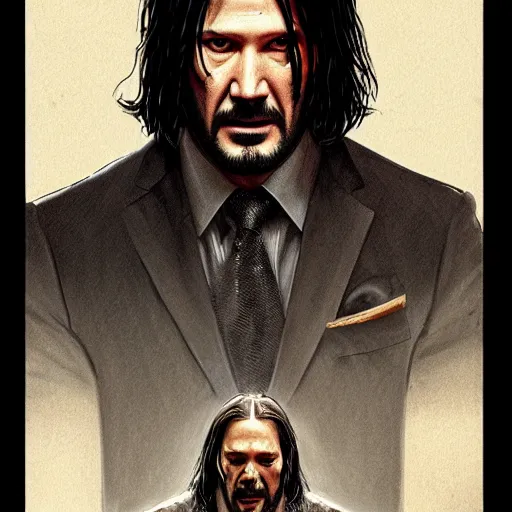 Image similar to a mind - blowing portrait of a john wick wearing a human skull, deep focus, d & d, fantasy, intricate, elegant, highly detailed, digital painting, artstation, concept art, matte, sharp, illustration, hearthstone, art by artgerm and greg rutkowski and alphonse mucha