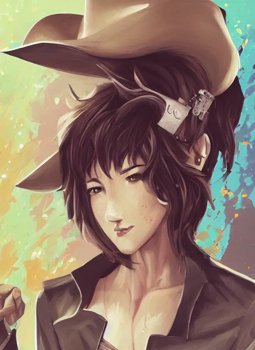 Image similar to full size persona, female sheriff, detail, ultra sharpness, beautiful female, detailed face, art by huyy nguyen, style by cain kuga, cowboy bebop art style, 3 2 beautiful color palettes with their corresponding gradient, stroke line