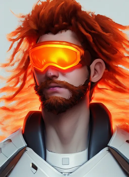 Image similar to glowwave portrait of curly orange hair man from overwatch, au naturel, hyper detailed, digital art, trending in artstation, cinematic lighting, studio quality, smooth render, unreal engine 5 rendered, octane rendered, art style by klimt and nixeu and ian sprigger and wlop and krenz cushart.