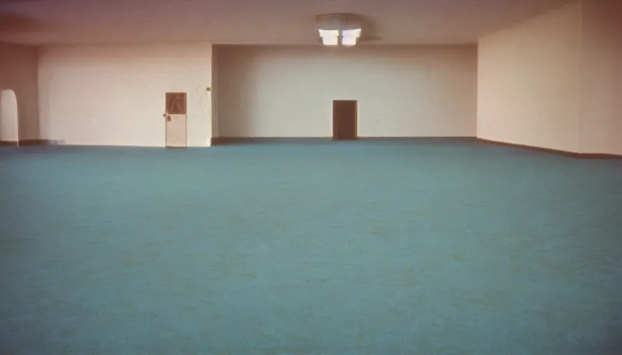 Prompt: 60s movie still of a sovietic stalinist style empty ballroom with blue beds, cinestill 800t 50mm eastmancolor, liminal Space style, heavy grain, flash-s 150