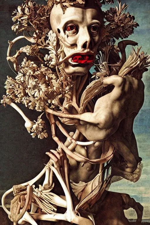 Image similar to Detailed maximalist portrait a Greek god with large lips and with large white eyes, exasperated expression, skeletal with extra fleshy bits, botany, HD mixed media 3d collage, highly detailed and intricate, surreal illustration in the style of Caravaggio, dark art, baroque