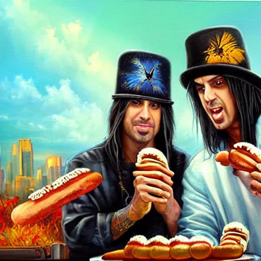 Prompt: portrait of brett michaels and criss angel sharing hotdogs, an oil painting by ross tran and thomas kincade