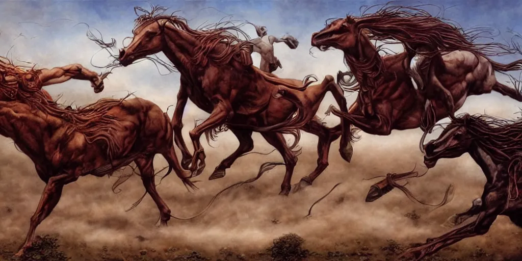 Image similar to centaurs fighting by gerald brom, hyper realistic