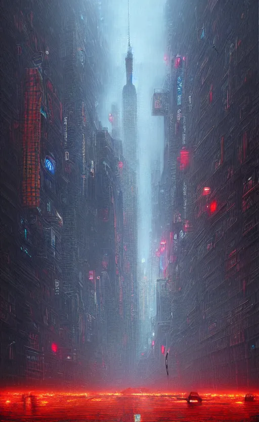 Prompt: an digital art of cyberpunk storm that destroys new york city in style of zdislaw beksinski