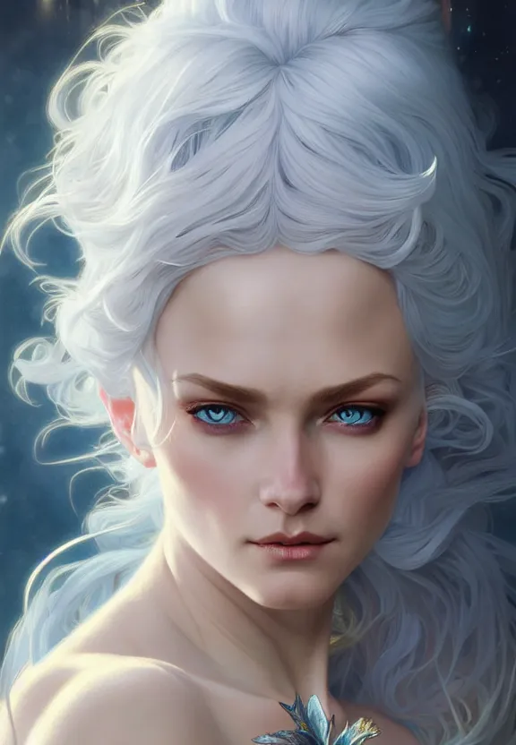 Image similar to portrait of fairy woman, d & d, blue eyes, white hair, face, fantasy, intricate, elegant, highly detailed, digital painting, artstation, concept art, smooth, 8 k, sharp focus, illustration, art by artgerm and greg rutkowski and alphonse mucha