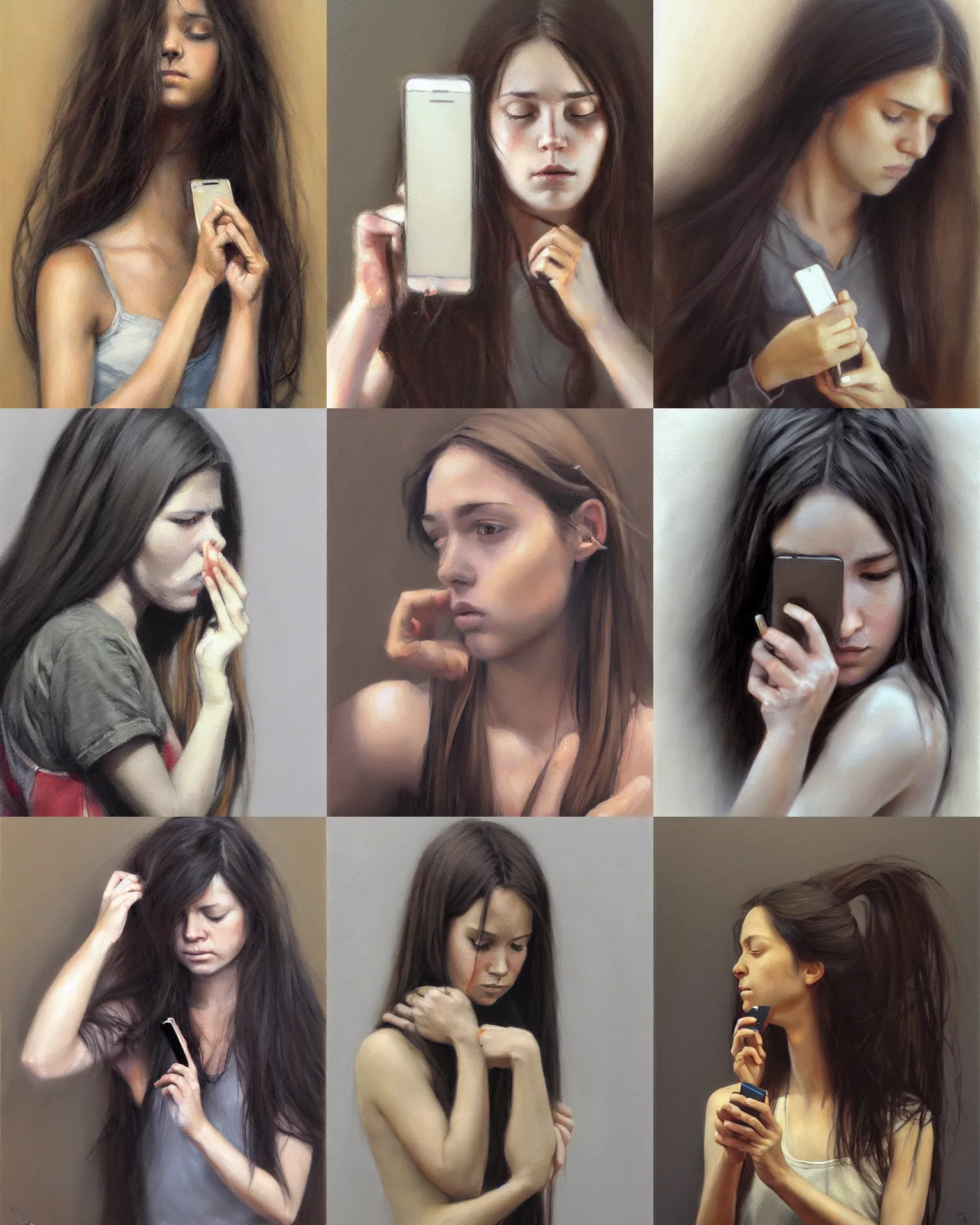 Prompt: woman with long hair holding a cellphone in front of her face, a photorealistic painting by Craig Davison, flickr contest winner, figurative art, oil on canvas, charcoal drawing, photorealistic