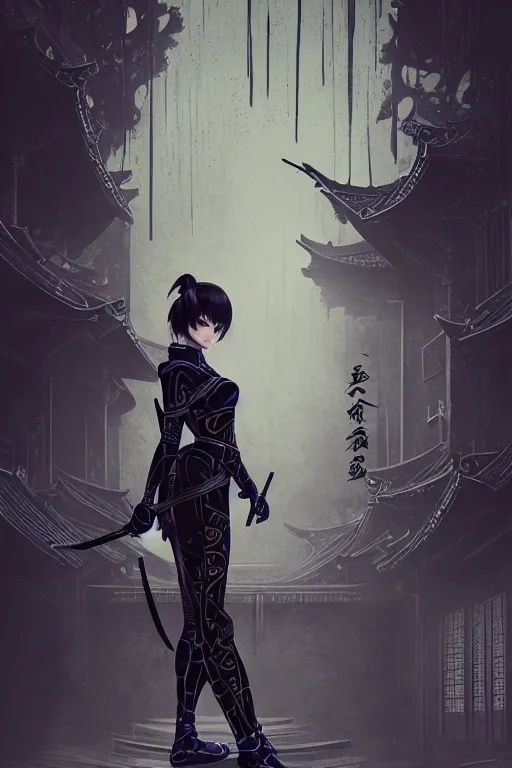 Prompt: portrait Ninja gaiden girl, armored black and blue ninja wardrobe, in ruin japanese rainny temple night, ssci-fi and fantasy, intricate and very very beautiful and elegant, highly detailed, digital painting, artstation, concept art, smooth and sharp focus, illustration, art by tian zi and WLOP and alphonse mucha