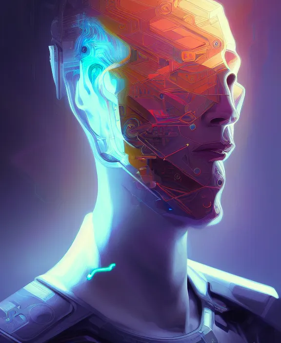 Image similar to a whirlwind inside the metaverse, guy, male, man, hologram, half body, neurochip, android, cyborg, cyberpunk face, by loish, d & d, fantasy, intricate, elegant, highly detailed, colorful, digital painting, artstation, concept art, art by artgerm and greg rutkowski and alphonse mucha