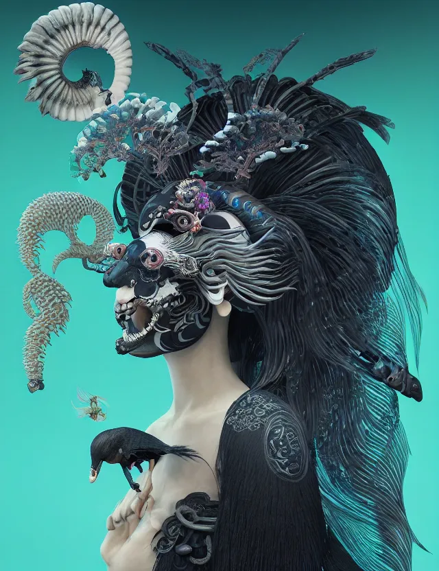 Image similar to 3 d goddess of death close - up profile portrait with ram skull. beautiful intricately detailed japanese crow kitsune mask and clasical japanese kimono. betta fish, jellyfish phoenix, bio luminescent, plasma, ice, water, wind, creature, artwork by tooth wu and wlop and beeple and greg rutkowski