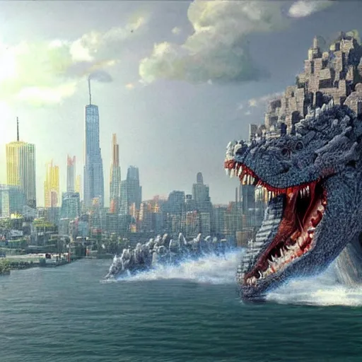 Image similar to a hyper-realistic studio oil-painting of a giant Godzilla destroying new-york in minecraft!!!!!; hyper-detailed; an extraordinary masterpiece!!!; flawless; trending on artstation