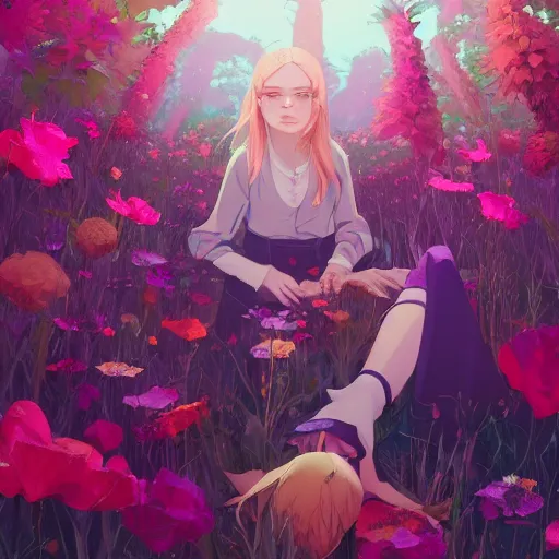 Image similar to a portrait of Elle fanning, field of flowers background, rich vivid colors, ambient lighting, dynamic lighting, 4k, official media, anime key visual, makoto shinkai, ilya kuvshinov, lois van baarle, rossdraws, detailed, trending on artstation