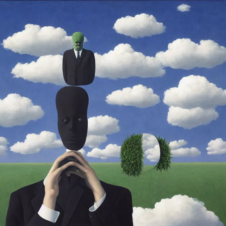 Image similar to portrait of a faceless shadow - head man in a suit, clouds in the background, by rene magritte, detailed painting, distance, middle centered, hd, hq, high resolution, high detail, 4 k, 8 k