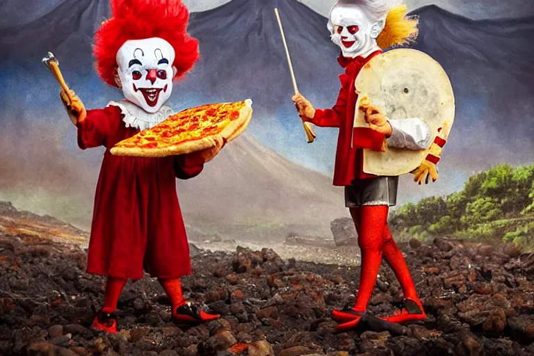 Prompt: pennywise as pulcinella!!! holding a pizza!!, volcano in the background, glowing rivers of lava, dark cloudy sky, an ultrafine detailed painting by joe fenton, full body, wide angle, post - apocalyptic vibe, pop surrealism, sharp focus, 3 d octane render, 4 k, perfect symmetrical face, masterpiece, hyperrealistic, trending on deviantart