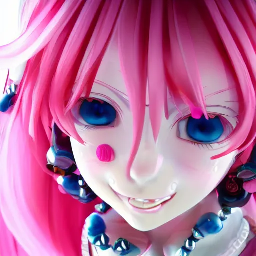 Image similar to stunningly beautiful omnipotent megalomaniacal anime goddess who looks like junko enoshima with symmetrical perfect face and porcelain skin, pink twintail hair and mesmerizing cyan eyes, looking down upon the viewer and taking control while smiling in a mischievous way, mid view from below her feet, hyperdetailed, unreal engine 5, octane render, 8 k
