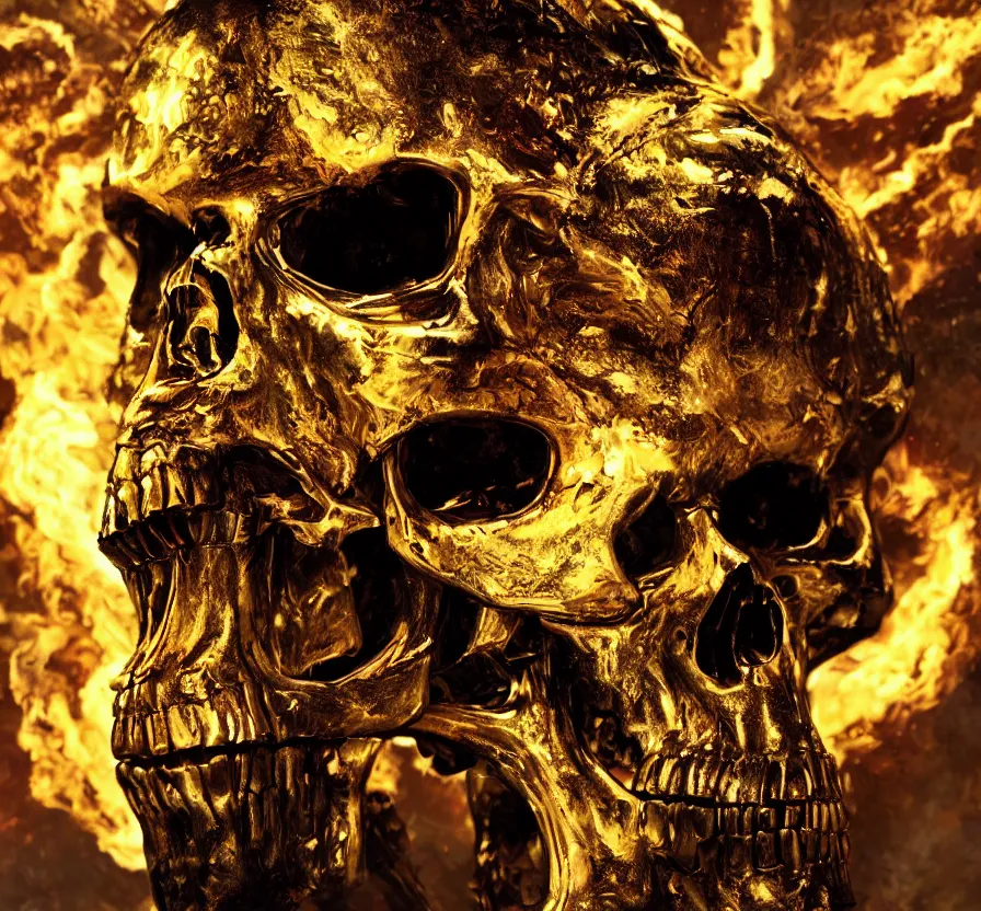 Prompt: gold terminator skull on flaming town, acrilic paint, brush paint, heavenly atmosphere, paint, ultra detailed, beautiful image, resolution, artstation