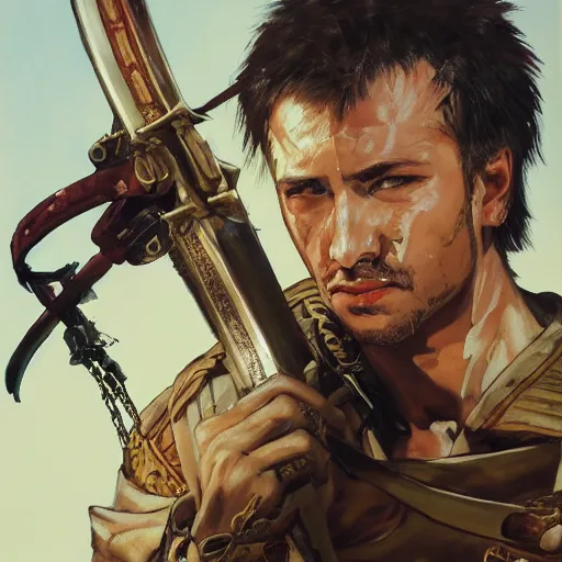 Image similar to portrait of a war hero holding his sword in front of his face by yoji shinkawa, high quality, extra details, realism, ornate, colored, golden chain, blood, white skin, short hair, brown eyes, vivid, sunlight, dynamic, american man, freedom, white american soldier, painting