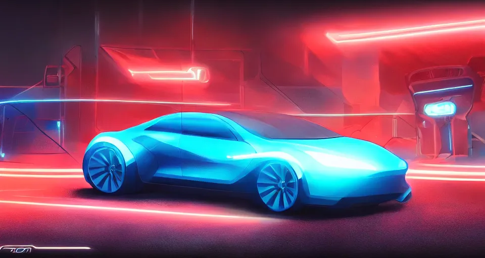 Image similar to product shot of a tron tesla light neon car, hot wheels, wipe out, hyper realistic, concept art, smooth, high contrast, volumetric lighting, octane, raytrace, syd mead, artgerm, jim lee,