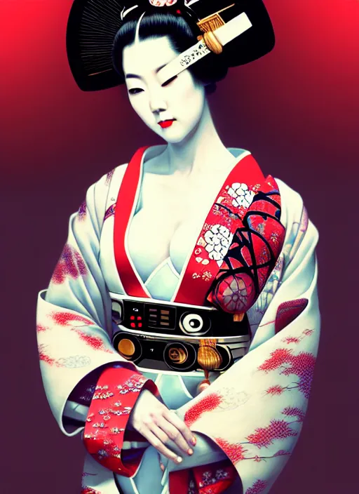 Prompt: sensual japanese geisha wearing vr eyepiece, intricate geisha kimono, robotic, android, cyborg, cyberpunk face, steampunk, fantasy, intricate, elegant, highly detailed, colorful, vivid color, digital photography, cool warm lighting, artstation, concept art, art by artgerm and greg rutkowski and ruan jia,